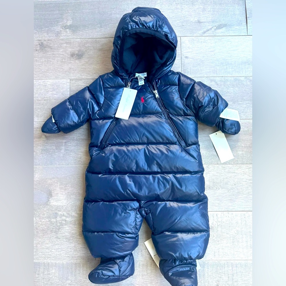 NWT $195 RALPH LAUREN HOODED DOWN NAVY BLUE SNOW SUIT SZ 6M